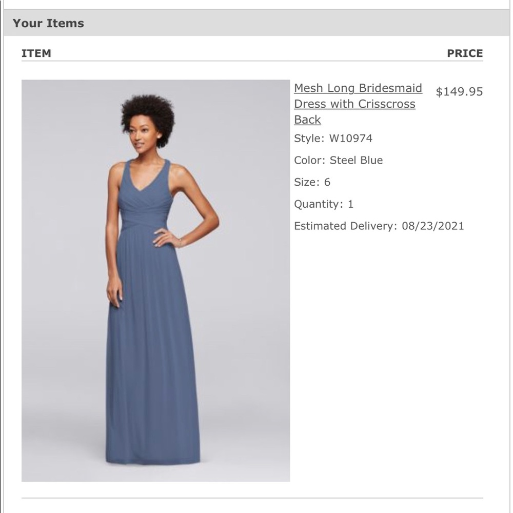 David’s Bridal Mesh Long Bridesmaid dress w crisscross neck, Size 6 Steel Blue